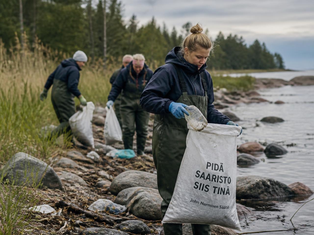 Volunteers collecting debris along a rocky Finnish Baltic shoreline