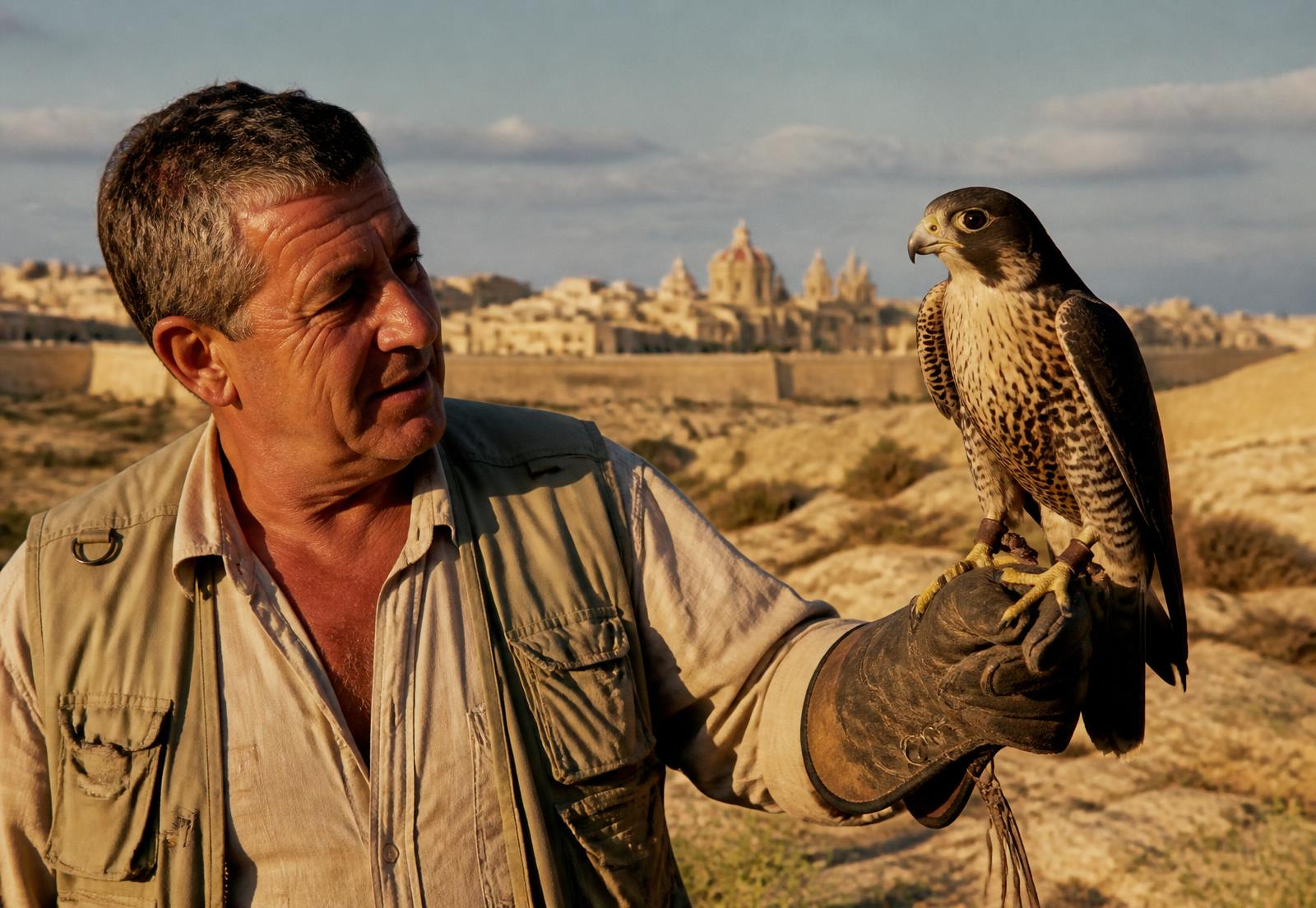 A Maltese falconer holding a peregrine falcon on his gloved fist at golden hour