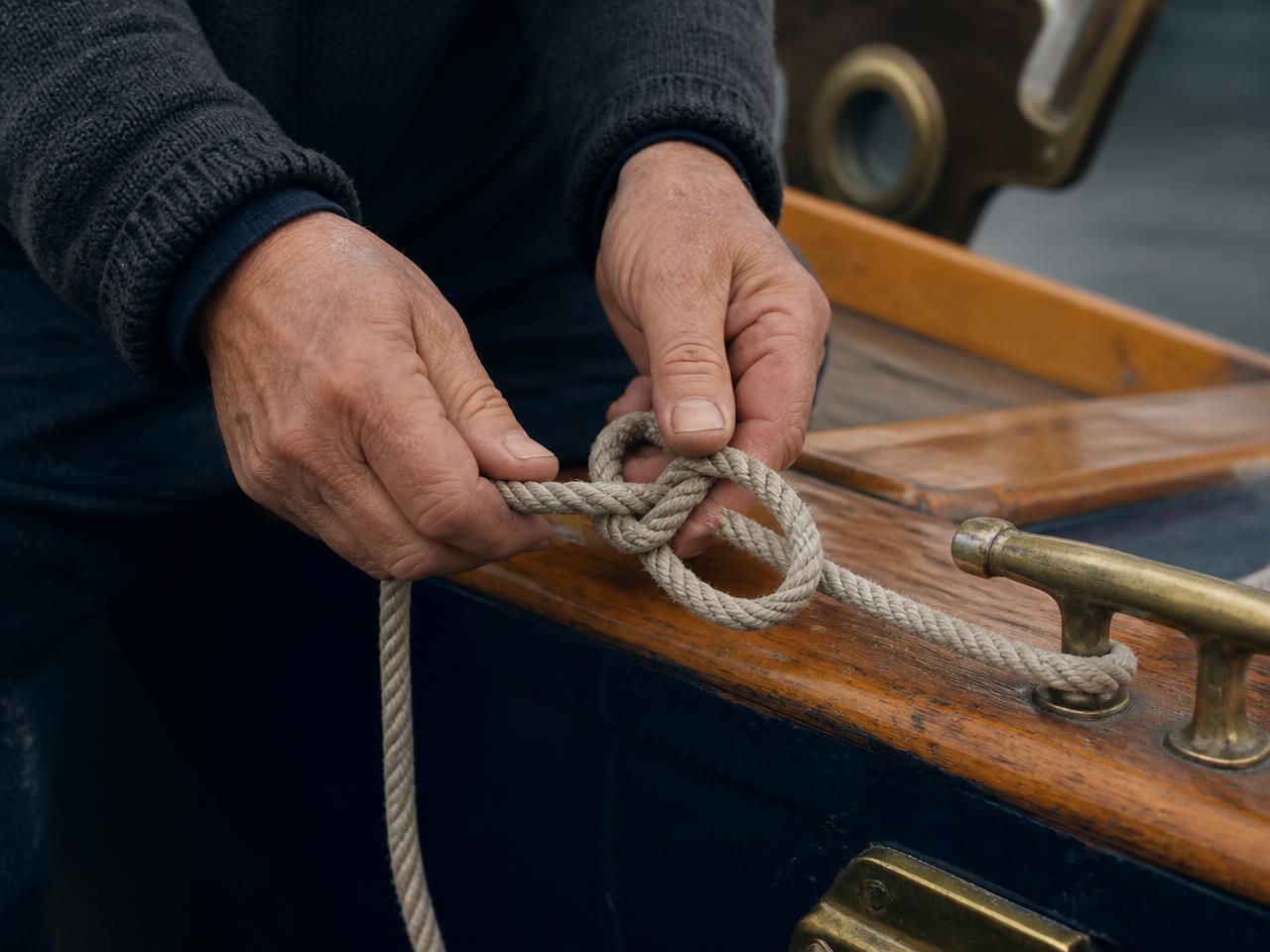 Weathered hands tying a bowline knot aboard a wooden boat