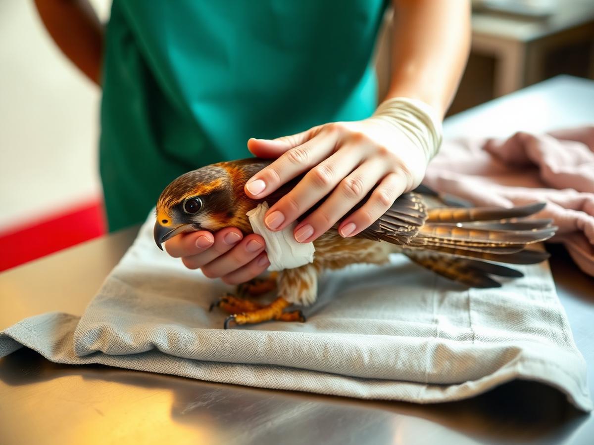 A wildlife carer bandaging the wing of an injured kestrel