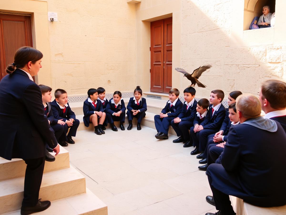 Schoolchildren watching a falconry demonstration in a Maltese courtyard